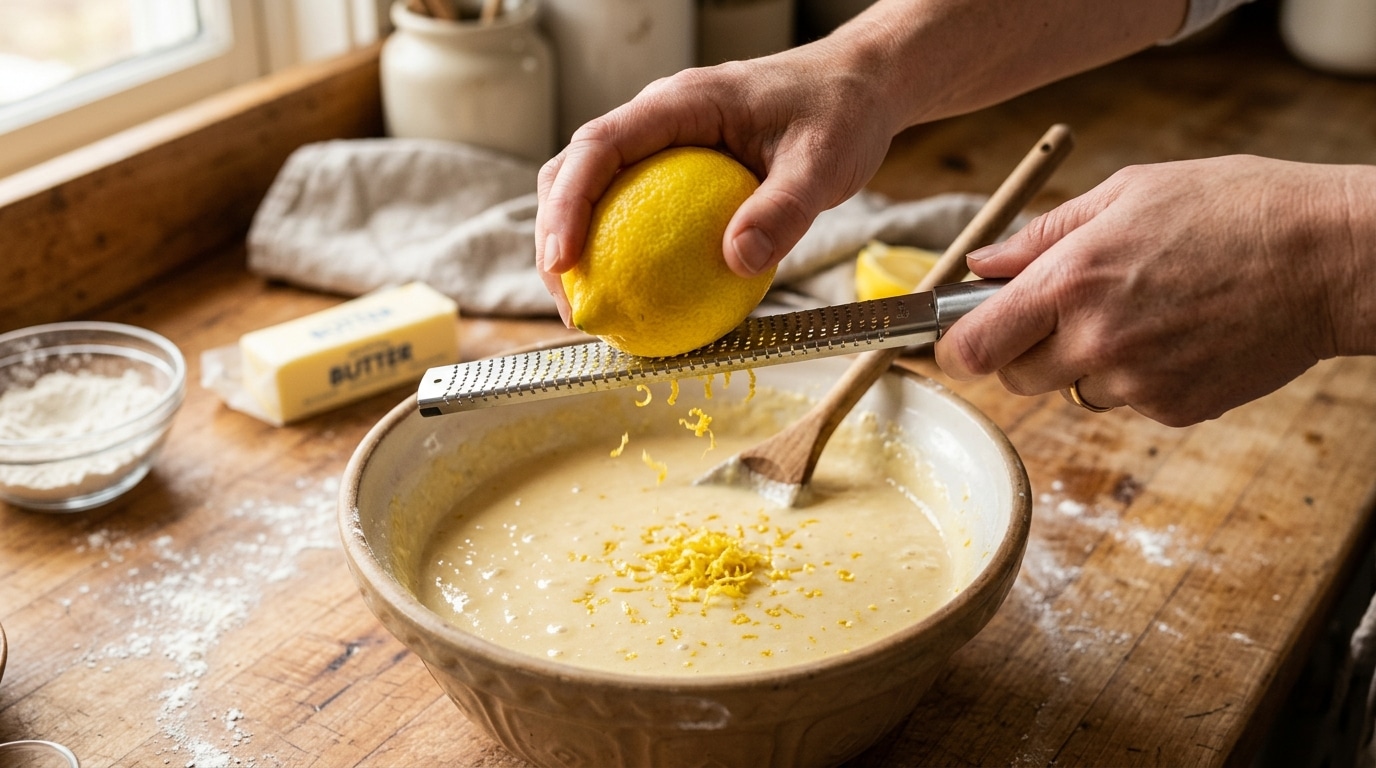 Zeste de citron râpé au-dessus d'une pâte à gâteau