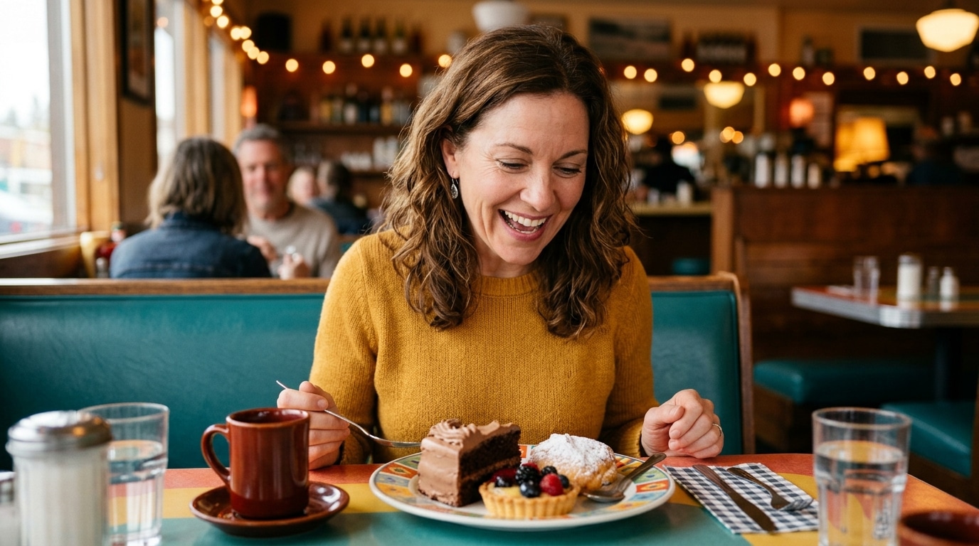 Femme souriante attablée devant un brunch coloré