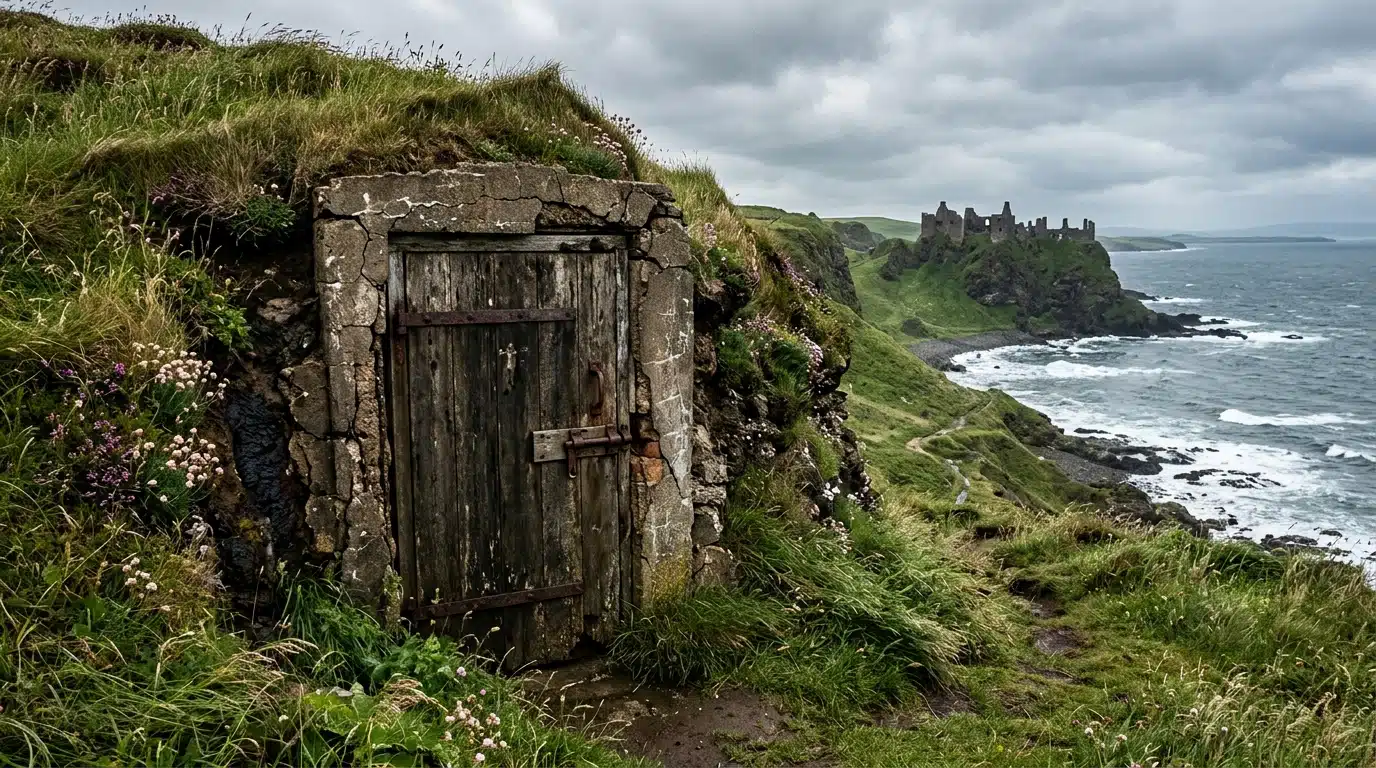 Porte en bois d'un bunker enfoui sous une falaise anglaise