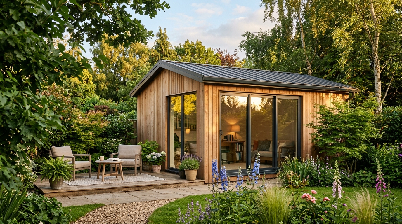 Studio de jardin en bois entouré d'arbres verdoyants