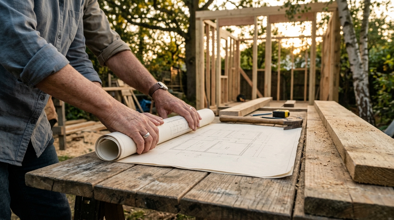 Plans de construction déroulés sur chantier de studio bois