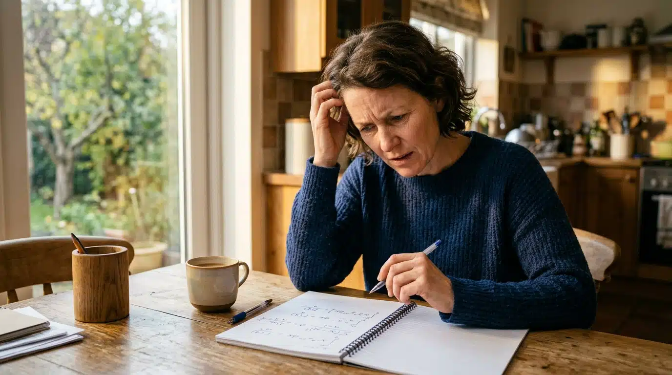 Adulte perplexe devant un calcul de mathématiques