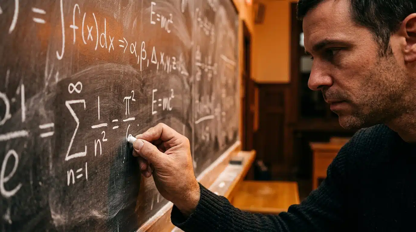 Main écrivant une équation mathématique au tableau