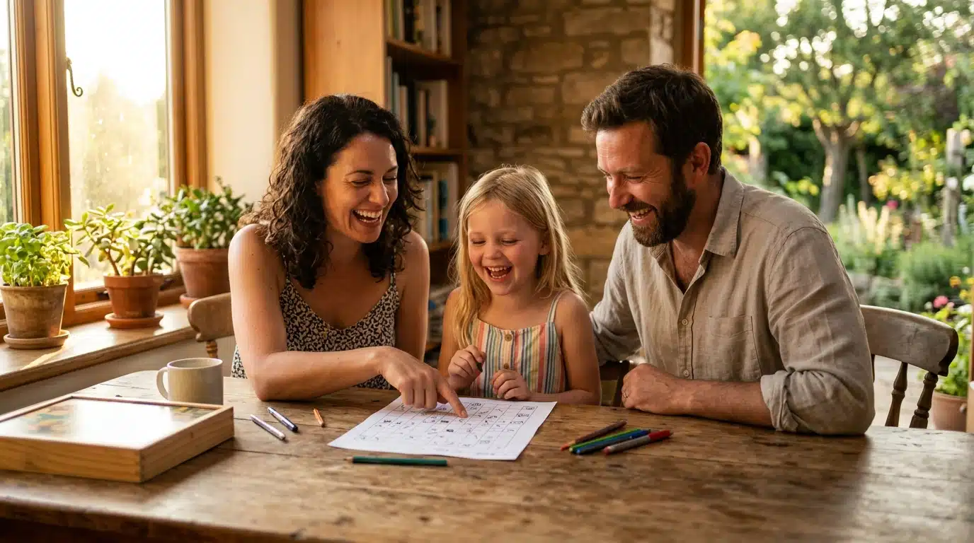 Famille résolvant un calcul ensemble pendant les vacances