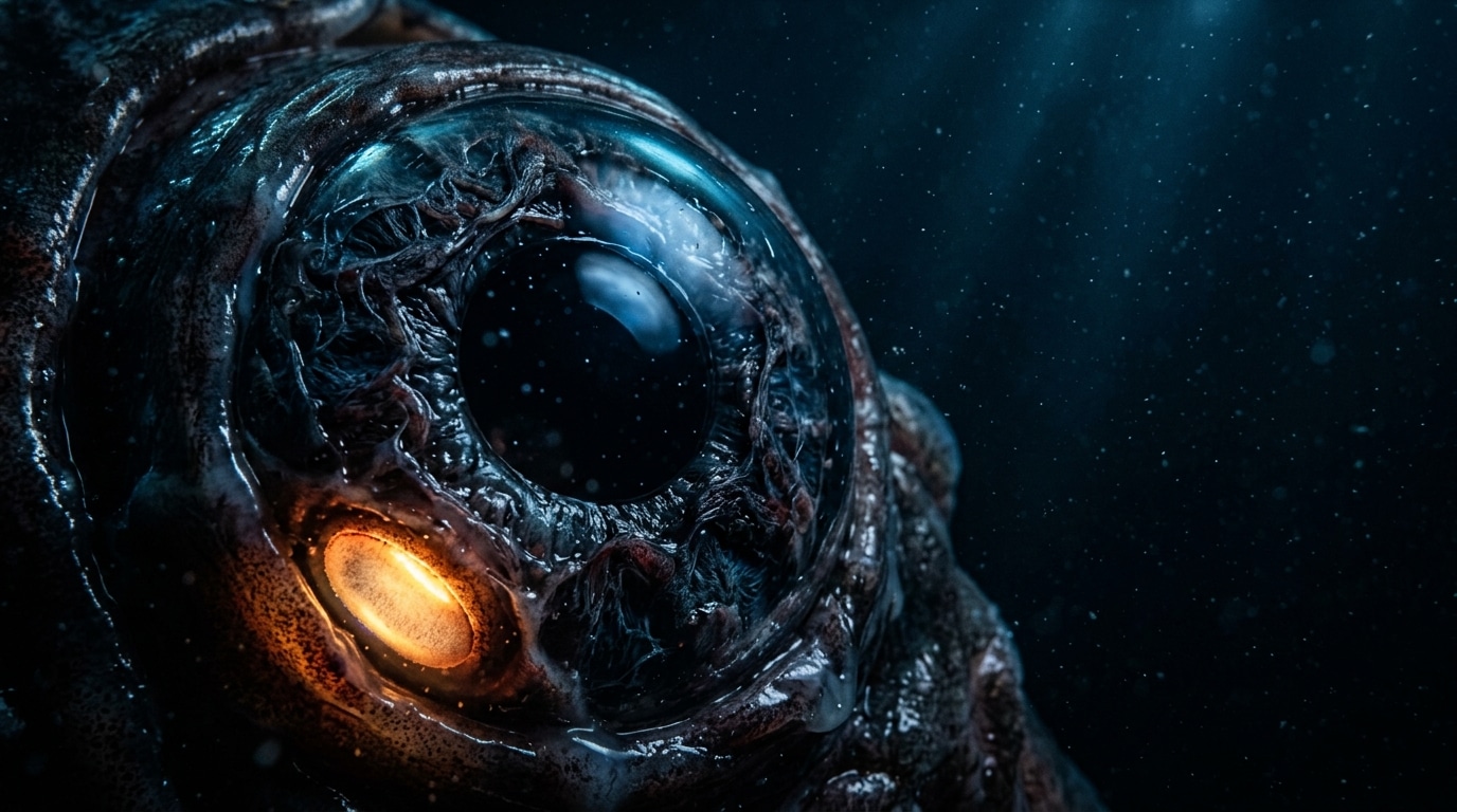 Œil géant bioluminescent de calmar colossal en gros plan