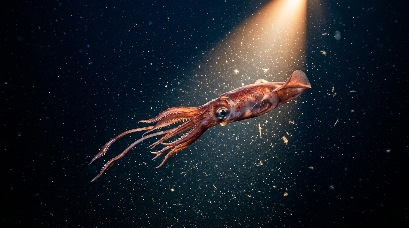 Calmar juvénile filmé dans l'obscurité des abysses