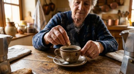 Grand-mère trempant un carré de sucre dans son café