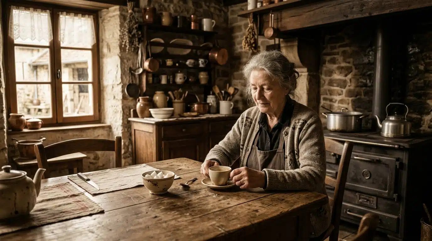 Ancienne cuisine familiale française avec café et sucre