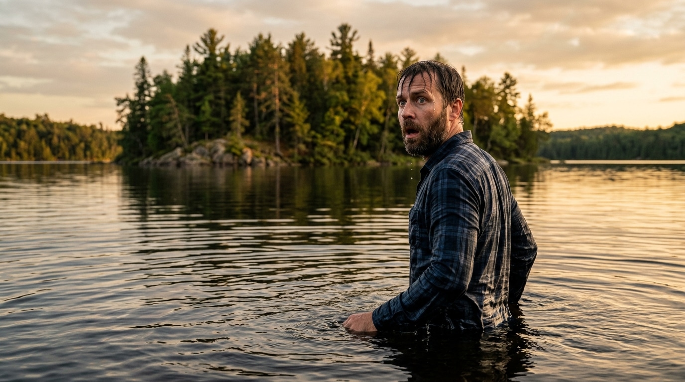 Homme choqué dans l'eau d'un lac au crépuscule