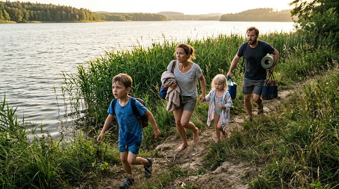 Baigneurs quittant précipitamment un lac au soleil couchant