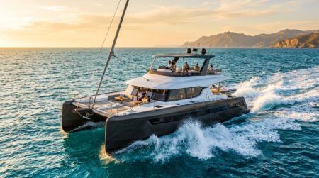 Catamaran de luxe filant à vive allure sur la mer
