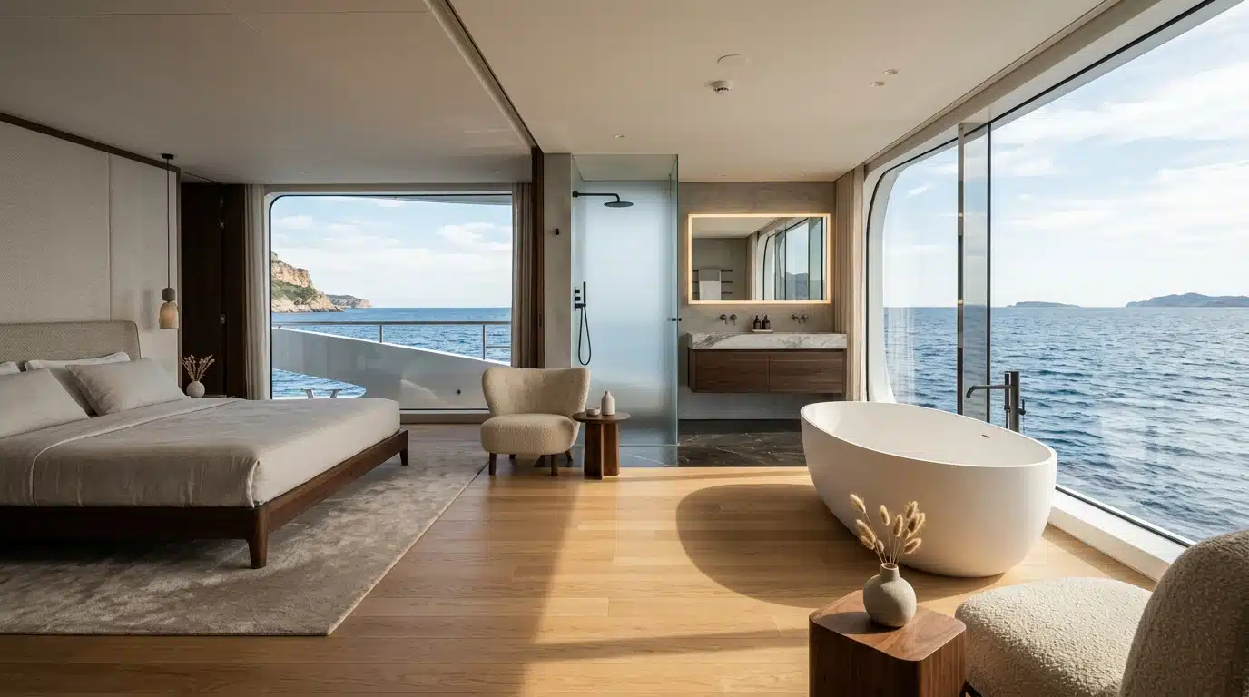 Suite propriétaire lumineuse avec baignoire à bord d'un yacht
