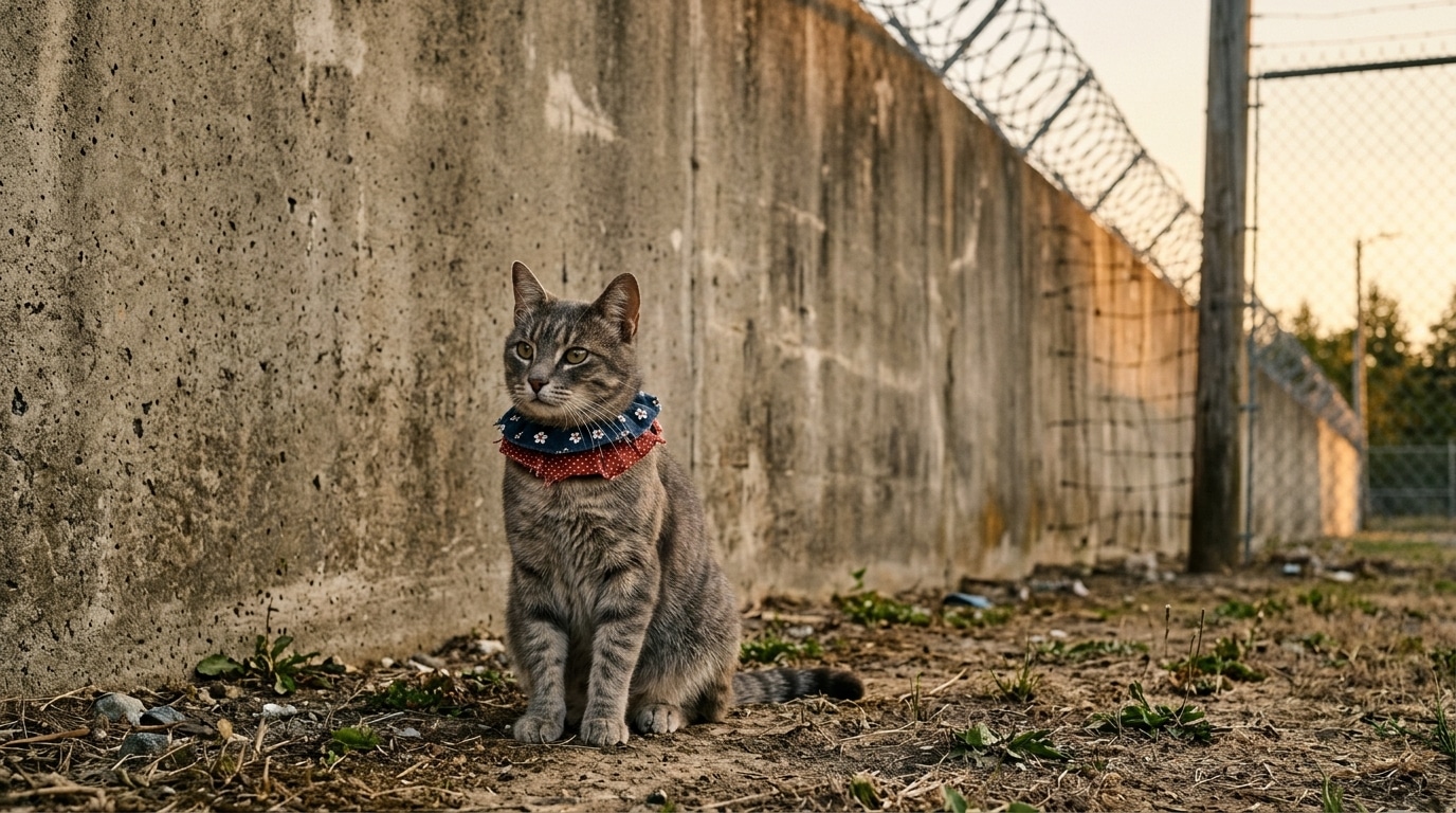 Chat errant près du mur d'une colonie pénitentiaire russe