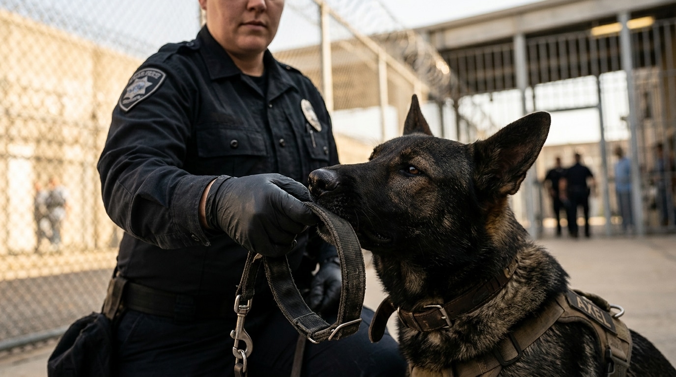Chien policier reniflant un collier suspect saisi