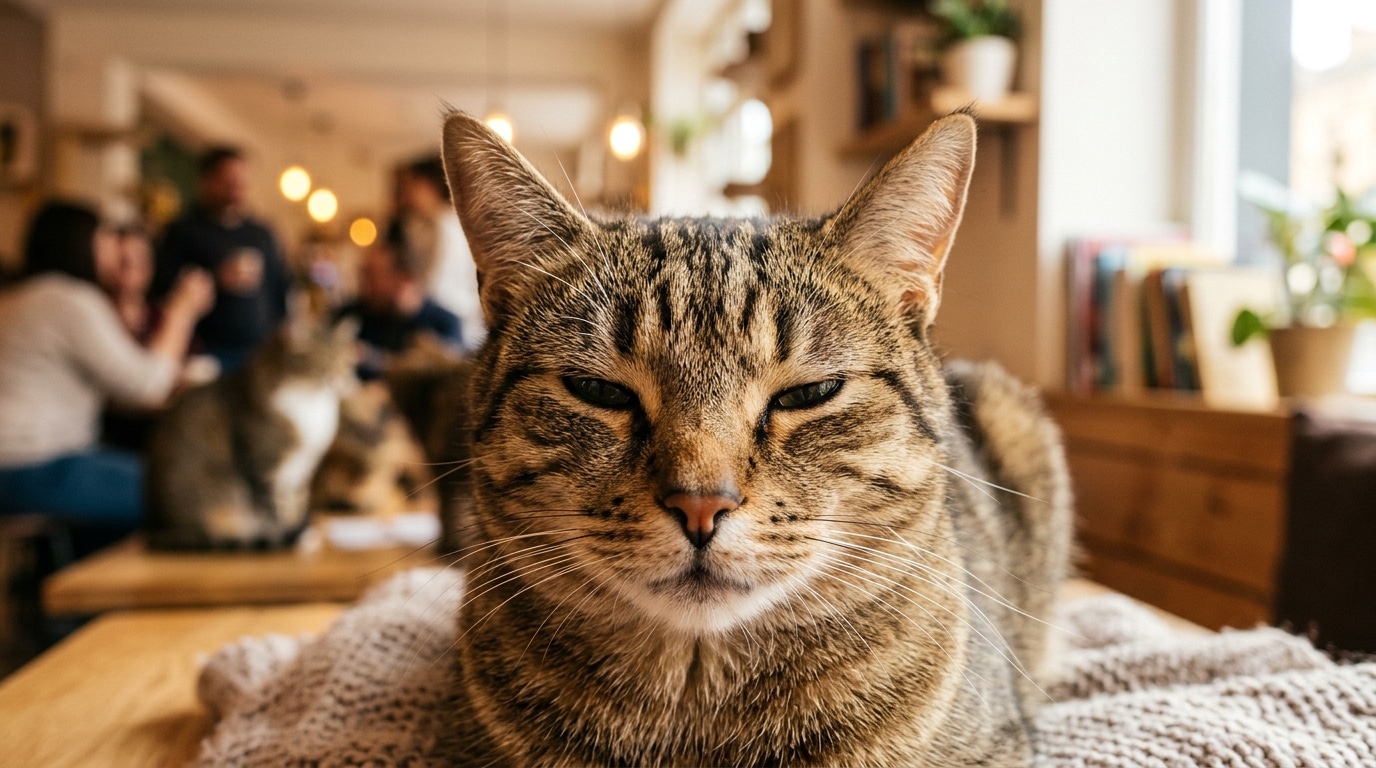 Chat tigré aux oreilles avancées et yeux mi-clos