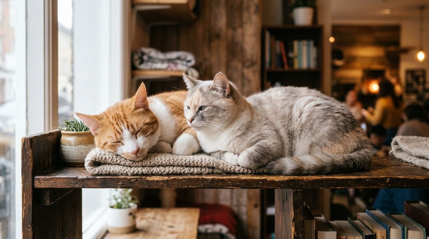 Deux chats blottis l'un contre l'autre dans un café