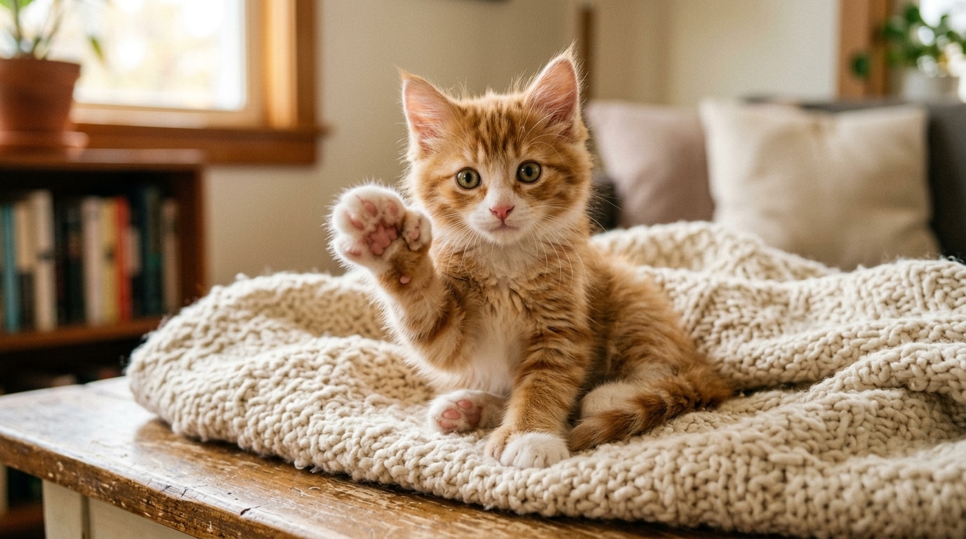Chaton tigré aux pattes larges et poilues sur un plaid