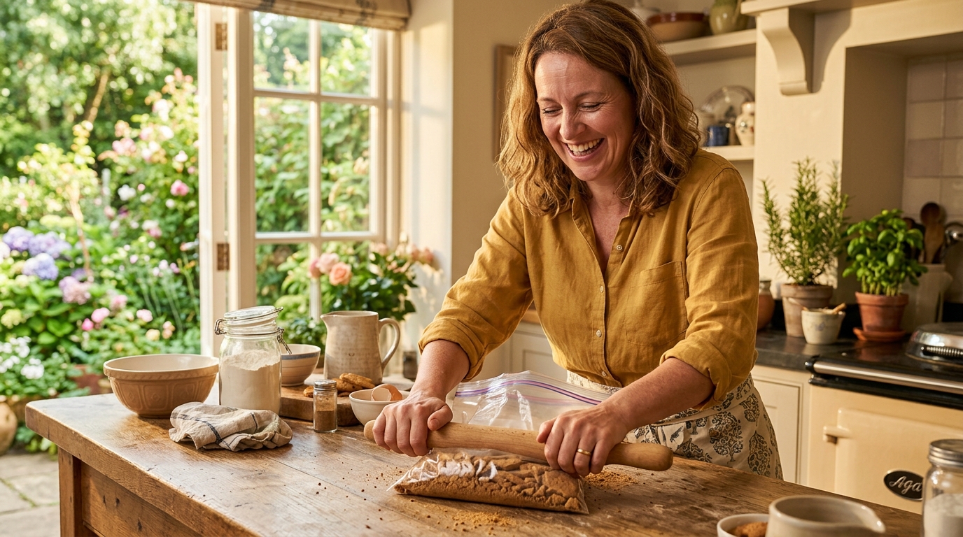 Femme préparant la base biscuitée d'un cheesecake sans cuisson