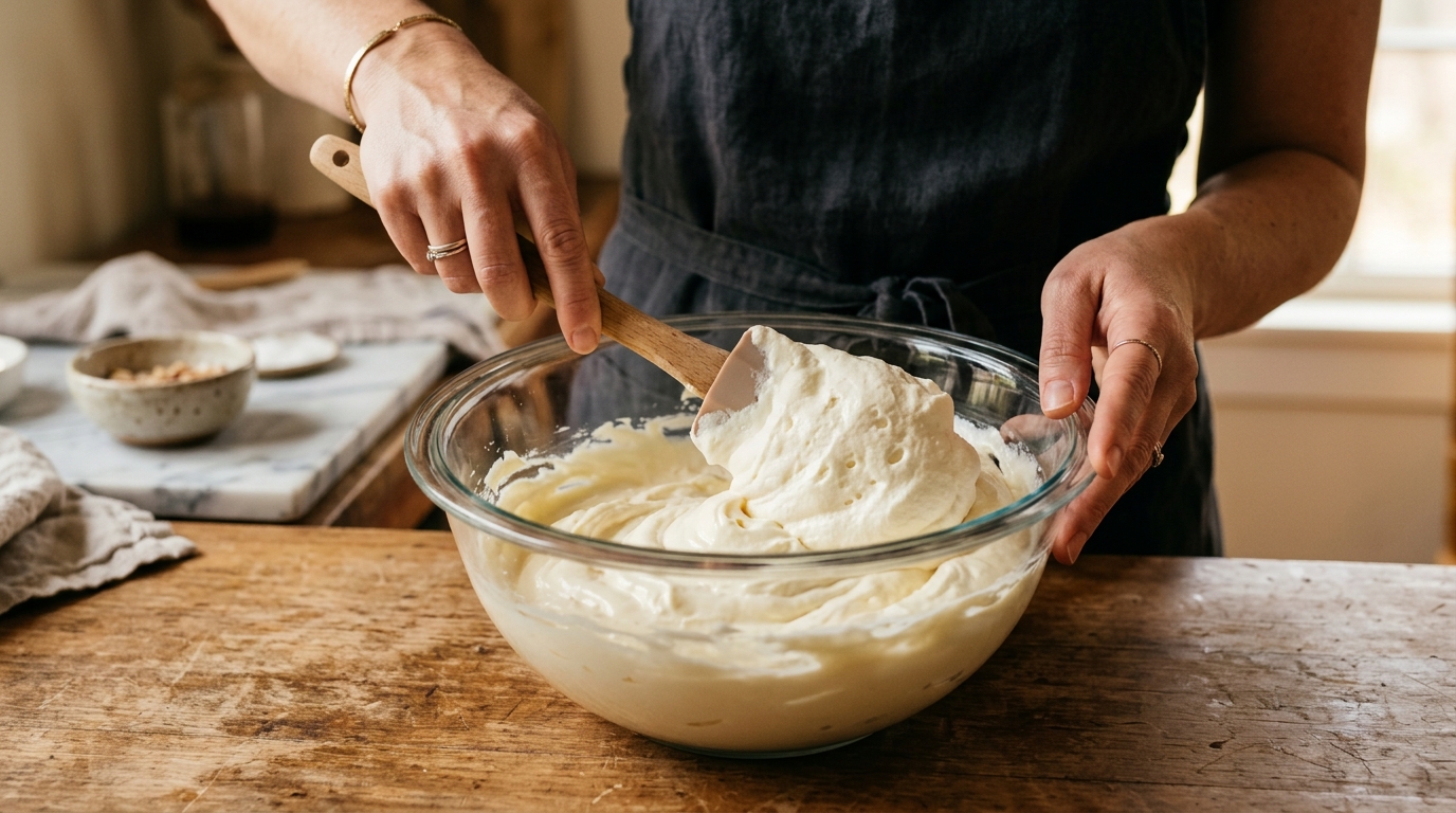 Mains mélangeant crème fouettée et fromage frais pour cheesecake
