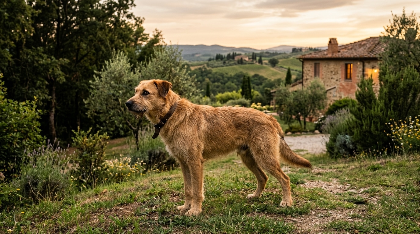 Chienne protectrice dans un jardin toscan au crépuscule