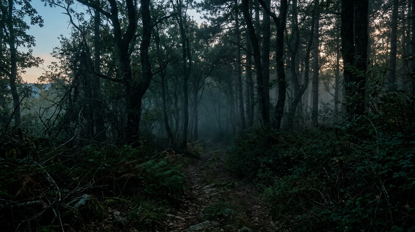 Lisière de forêt toscane sombre et mystérieuse au crépuscule
