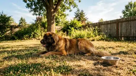 Leonberger seul dans un jardin ensoleillé et vide