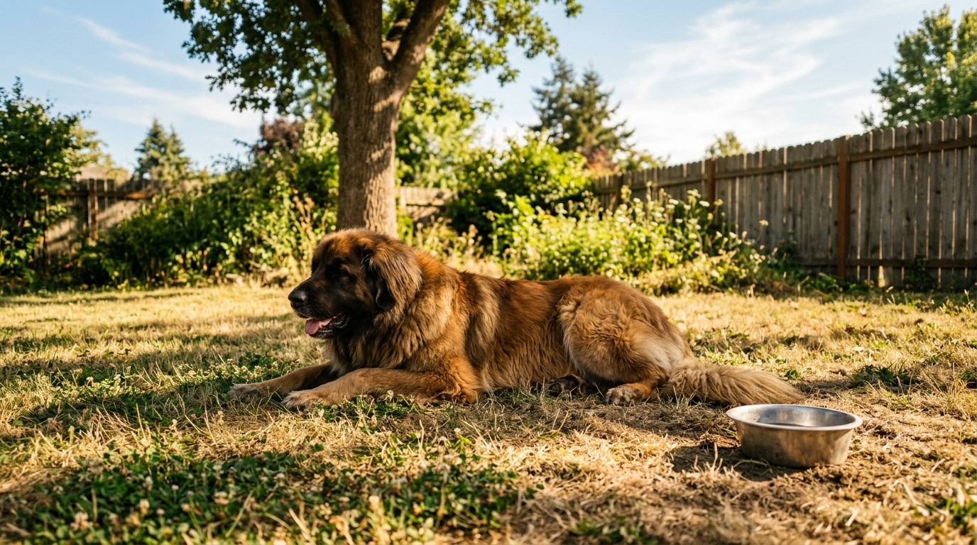 Leonberger seul dans un jardin ensoleillé et vide