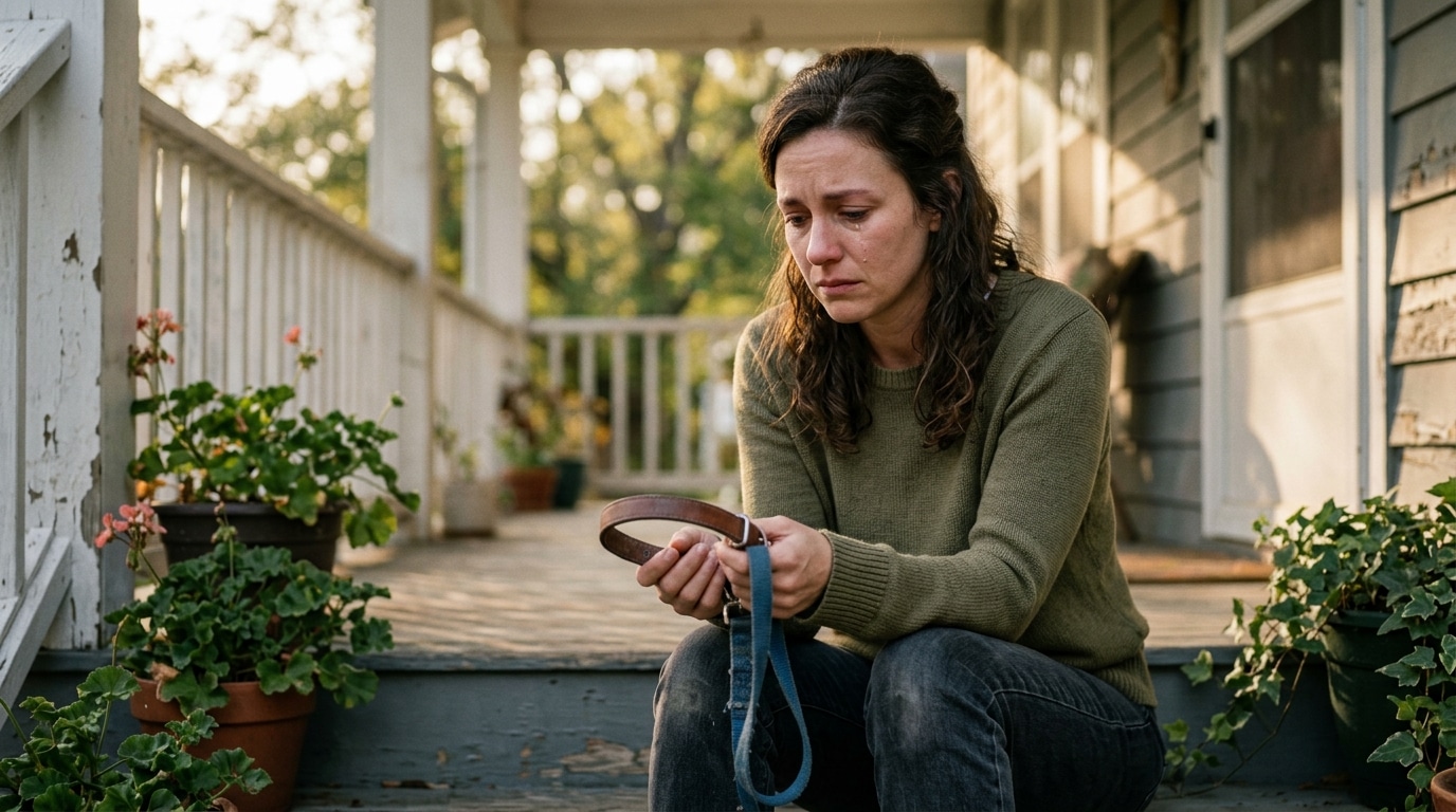 Femme triste tenant une laisse de chien vide