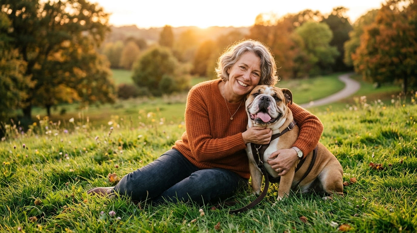 Femme souriante câlinant un Bulldog anglais au parc