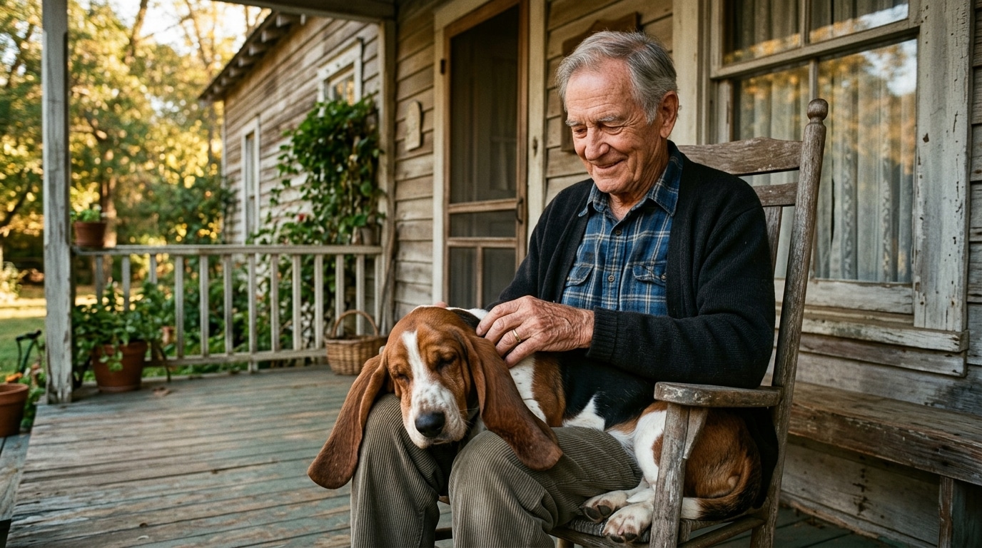 Homme âgé caressant un Basset Hound sur son porche