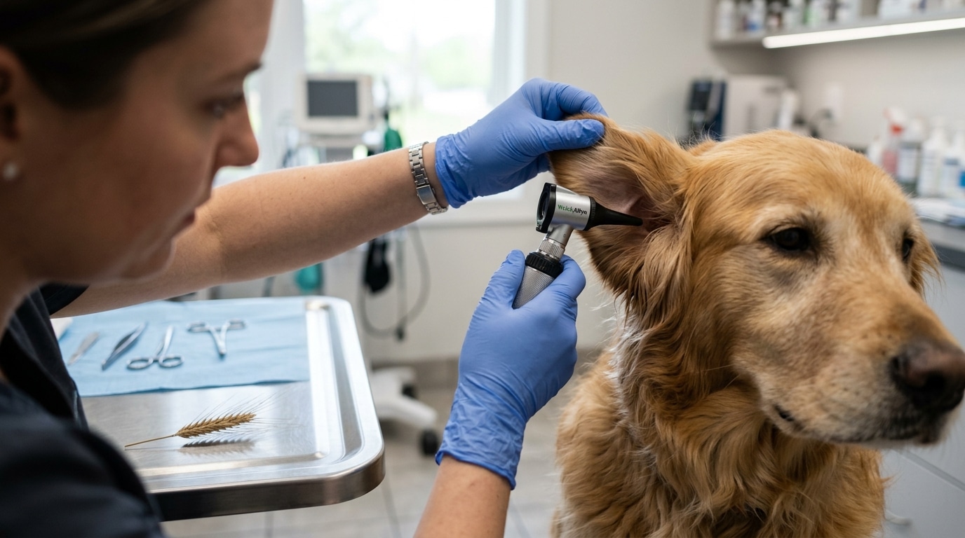 Vétérinaire examinant l'oreille d'un chien avec un otoscope