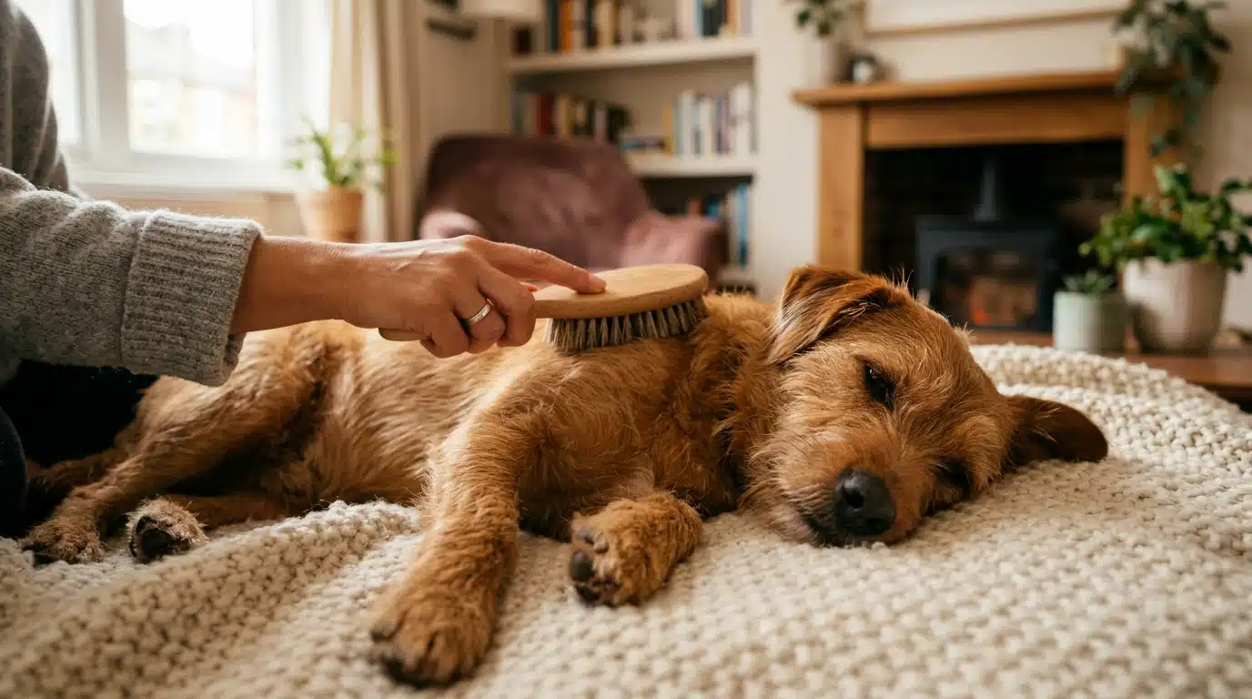 Main brossant lentement le pelage d'un chien détendu