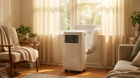Climatiseur mobile compact blanc près d'une fenêtre ensoleillée
