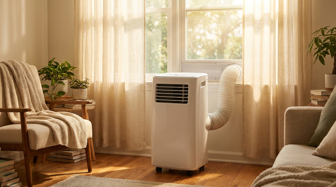 Climatiseur mobile compact blanc près d'une fenêtre ensoleillée
