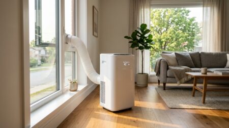 Climatiseur mobile blanc posé dans un salon lumineux
