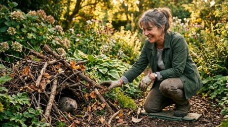 Femme accroupie près d'un tas de bois au jardin