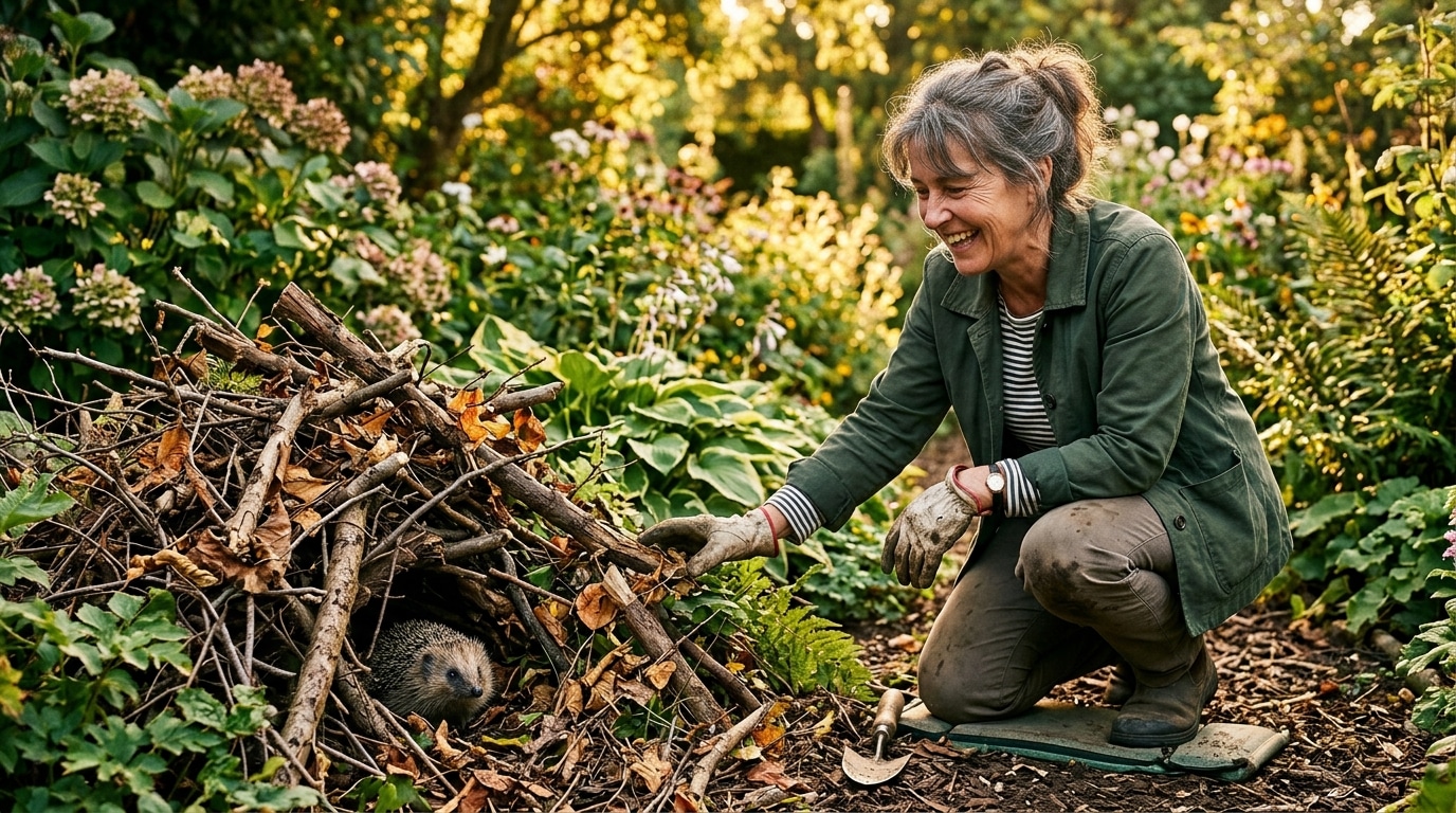 Femme accroupie près d'un tas de bois au jardin