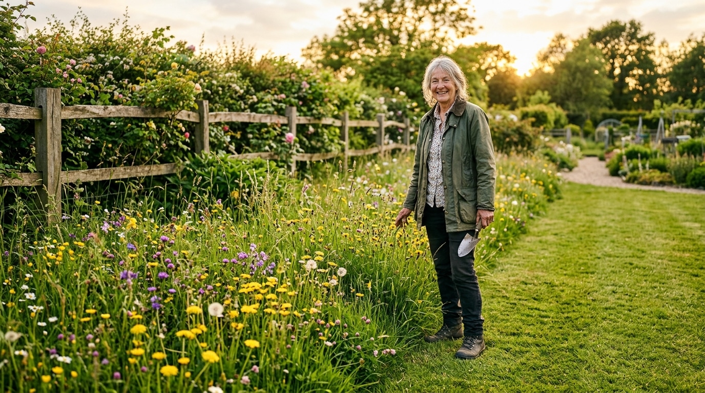 Jardinier près d'une zone d'herbe haute fleurie