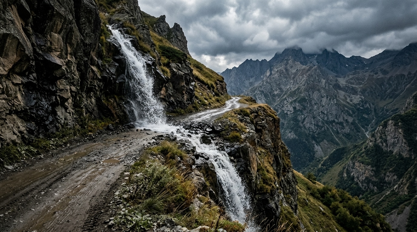 Route de montagne étroite traversée par une cascade