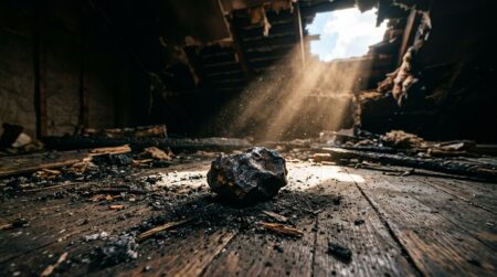 Fragment de météorite noire posé sur des débris