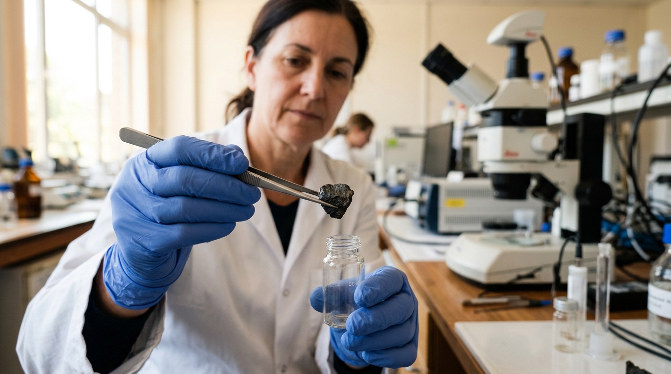 Chercheur analysant un fragment de météorite en laboratoire