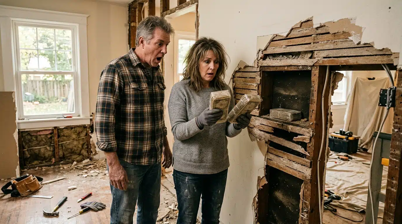 Couple découvrant des billets cachés dans un mur