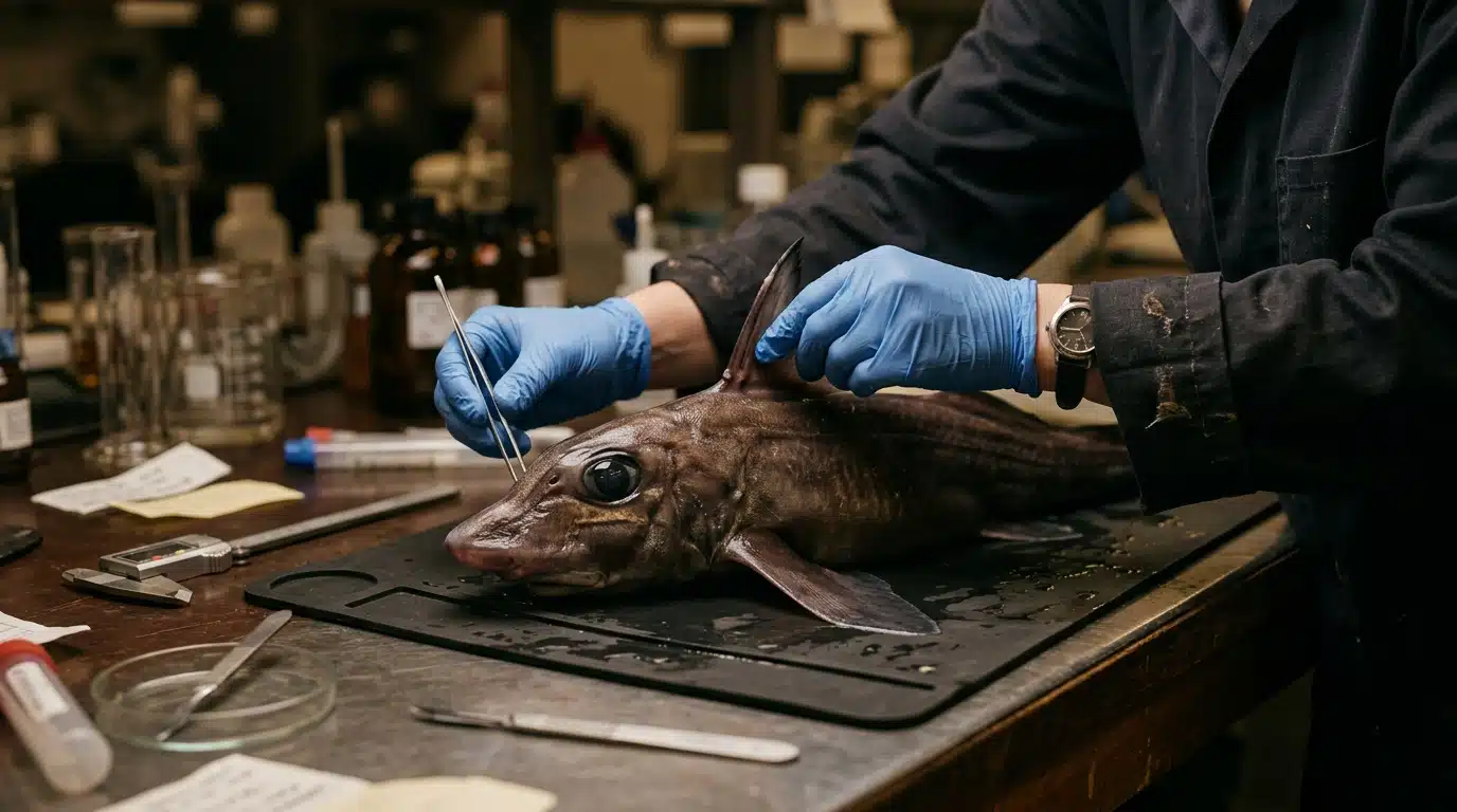Chercheur examinant un spécimen de requin fantôme