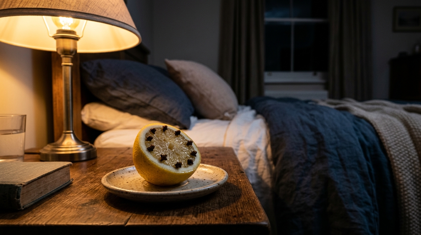 Citron piqué de clous de girofle sur table de nuit