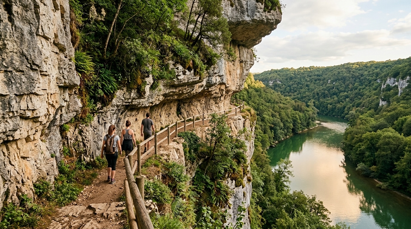 Sentier de randonnée taillé dans la roche au bord du Lot