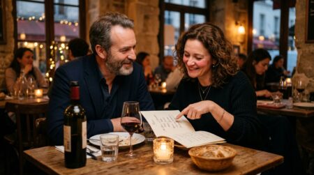 Couple au restaurant hésitant devant la carte des desserts
