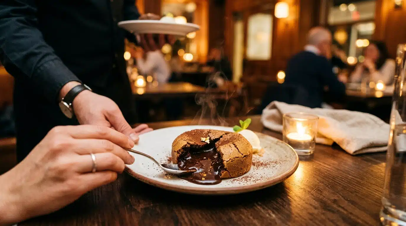 Fondant au chocolat coulant servi au restaurant
