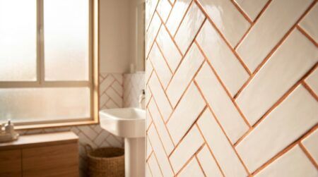 Salle de bains blanche avec joints terracotta colorés