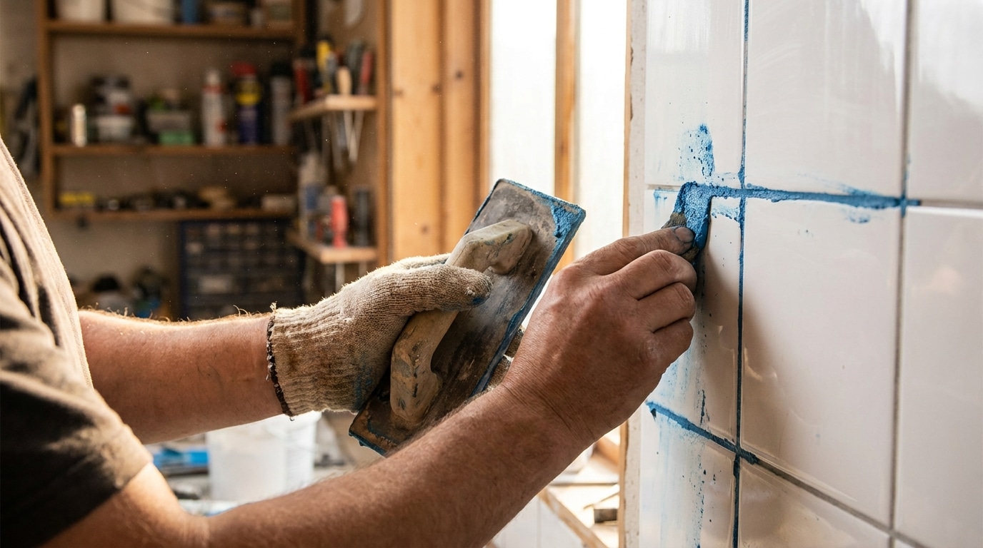 Mains appliquant du joint bleu entre des carreaux blancs