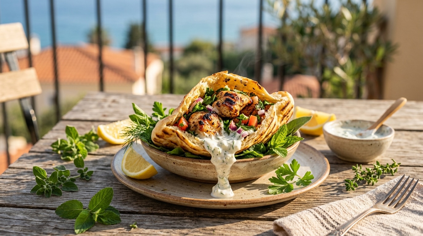 Pitas garnis de poulet citronné sur table extérieure